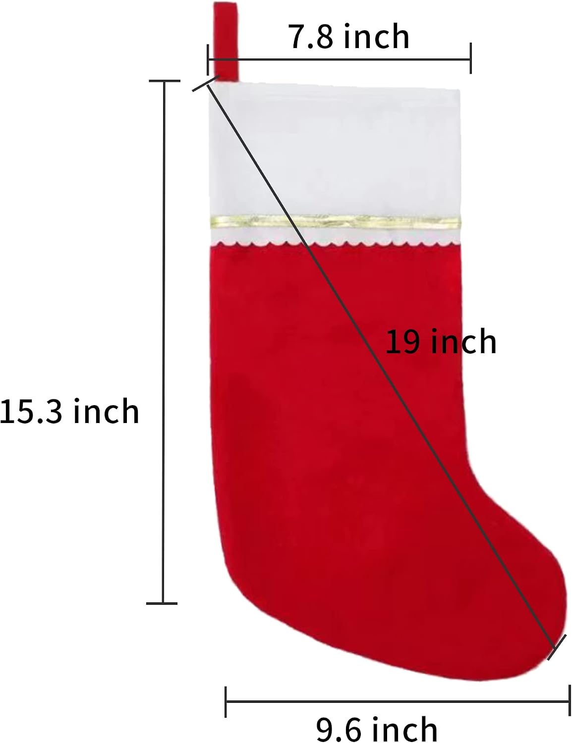 24 Pack Felt Christmas Stockings, 19 Inches Red and White Christmas Stockings Hanging Ornaments, White Cuff with Gold Trim Christmas Stockings for Family Christmas Holiday Decorations