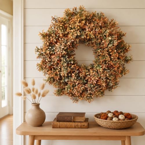 26" artificial fall boxwood wreath for front door, side view