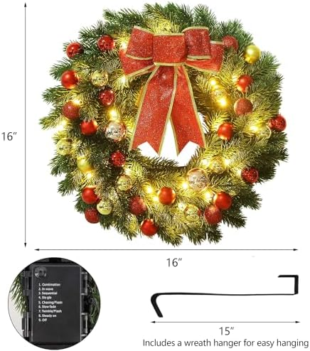 juegoal 16 inch pre-lit christmas wreath with metal, close-up detail