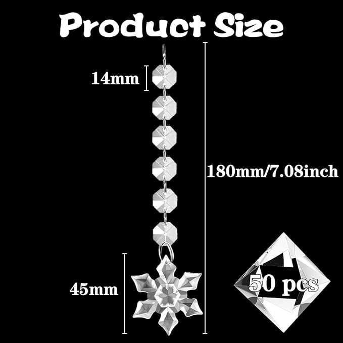 50 Pack Hanging Crystals - Clear Acrylic Prisms Pendant Ornaments for Christmas Tree, Centerpieces, Chandelier, Window & Home Decor, Ideal for Weddings, Parties Decorations (Snowflake)