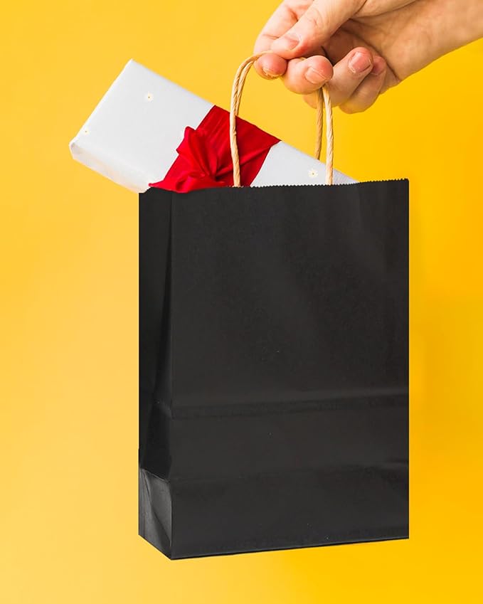 qiqee 50-Packs Black Paper Gift Bags with Handles Bulk 4.5"x2.5"x6" Mini Size Party Favor Bags Multiple Uses