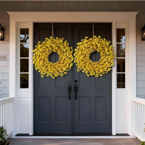 24" artificial yellow forsythia flower wreath for front, side view