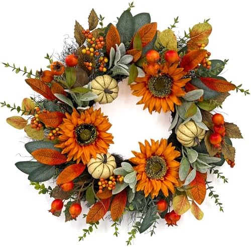 24" fall sunflower wreath for front door, main product view
