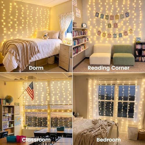 HEYFUNi 6.6FT x 6.6FT Warm White Curtain Lights Plug in, 200 LED | Window String Lights With Remote, 8 Modes, Timer, Memory, Connectable Fairy Lights for Bedroom, Wall, Wedding, Dorm Decor