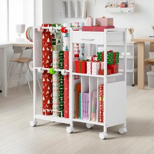wrapping paper storage cart, rolling gift wrap station, front angle view