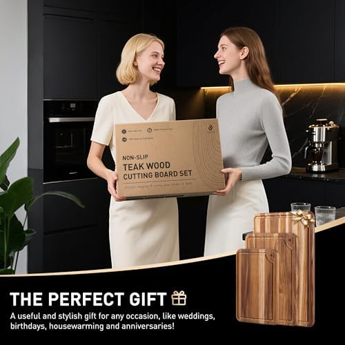 teak wood cutting boards for kitchen 3 pack, front angle view