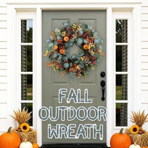 24" eucalyptus fall wreath with pumpkin foliage for on a desk or shelf
