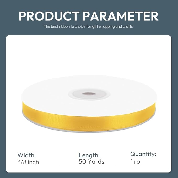 KMER LIFE 3/8" Wide x 50 Yards Yellow Single Faced Polyester Satin Ribbon, Yellow Satin Ribbon Perfect for Wedding Decor, Wreath, Crafts, Gift Wrapping & Other Projects (Yellow)