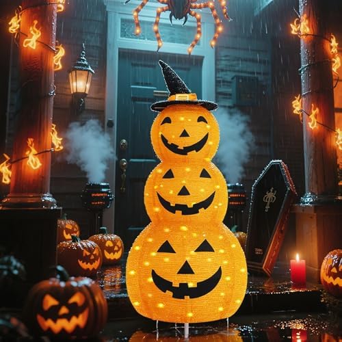halloween pumpkin decorations, battery operated pre-lit collapsible jack-o-lantern on a desk or shelf