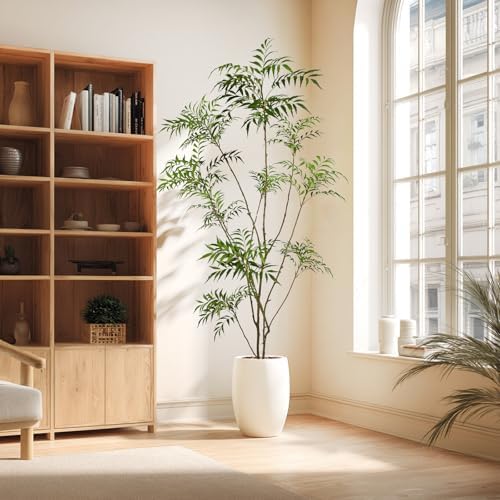 7ft artificial mahonia fortunei tree with white plastic, side view