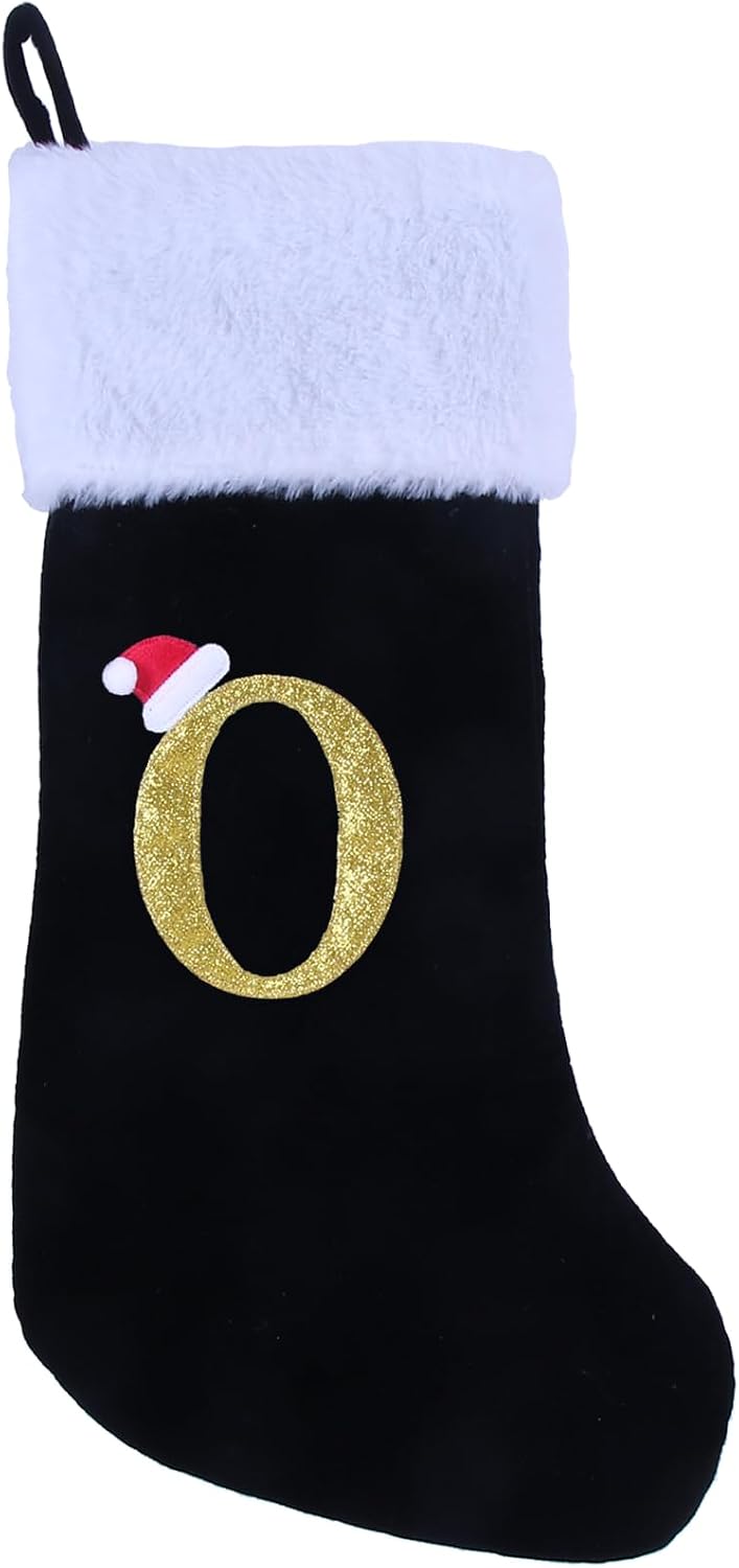 20 Inches Monogram Christmas Stockings with Letters Large Super Soft Christmas Stockings, Black Velvet with White Plush Cuff Embroidered Xmas Stocking for Christmas Family Decor Letter O