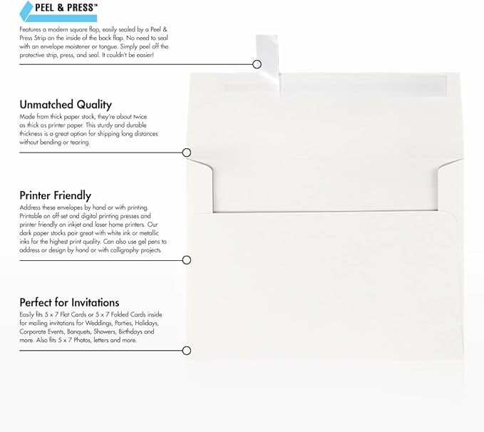 LUXPaper A7 Invitation Envelopes | Peel & Press | 5 1/4" x 7 1/4" | Natural White | 80lb. Text | 100% Cotton | 500 Qty