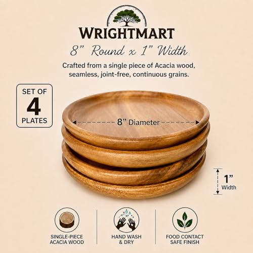 acacia round wood plates, set of 4, 8, close-up detail