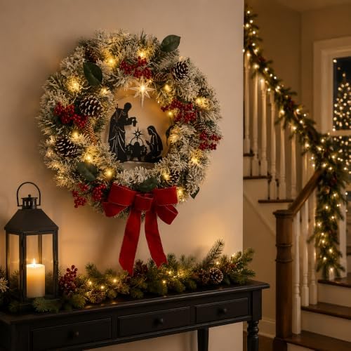 svndlyn 22 inch lighted christmas wreath with nativity, side view