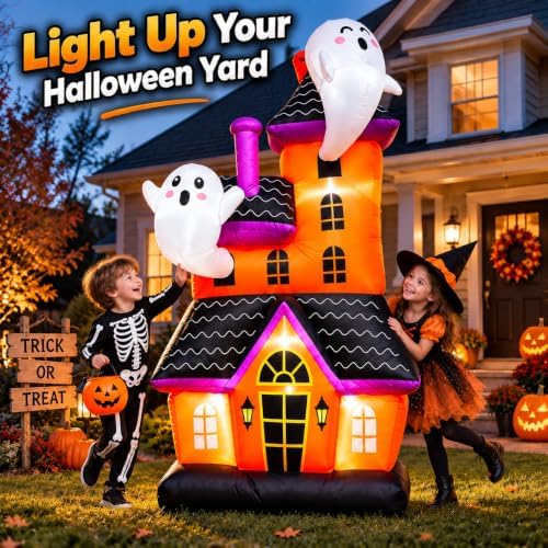6 ft halloween inflatable haunted house with 2 shown in use