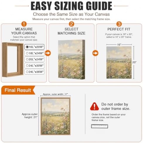 texas art 16x20 canvas floater frame for 1.25-inch-thick showing dimensions