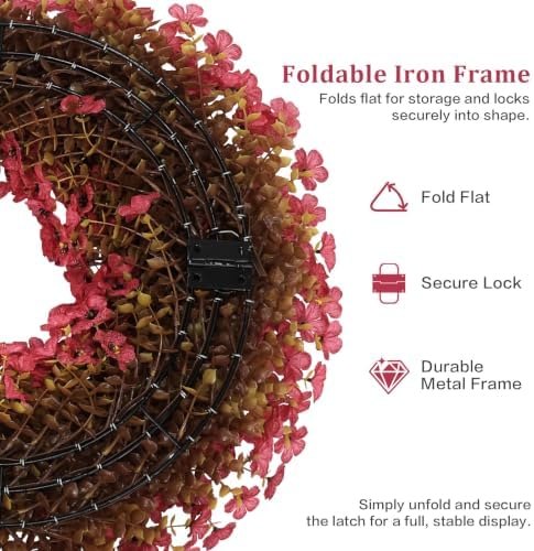 20" burgundy fall wreath for front door, artificial, close-up detail