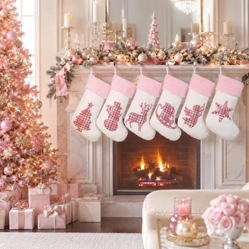 White Pink Buffalo Plaid Embroidered Christmas Stockings Set of 6 | Cute Large Christmas Stocking with Pink Faux Fur for Holiday Gifts, Christmas Stocking Stuffers and Christmas Décor