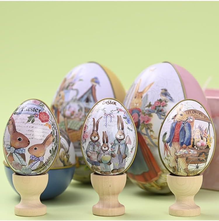 Vintage Easter Egg Tin Box (Style B), Metal Rabbit Easter Egg Containers for Candy & Treats, Reusable Decorative Gift Tin