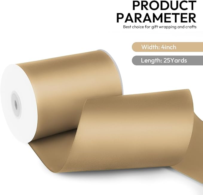 4 Inch 25 Yard Wide Satin Ribbon Champagne Gold, Solid Fabric Large Ribbon Roll for Cutting Ceremony Wedding Opening Party Decoration, Chairs, Sewing, Festival Pageant Sashes