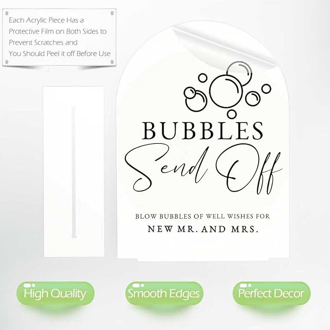 White Arch Acrylic Wedding Sign- 8"x10" Bubbles Send Off Sign and Base,1/8" Thick | Modern Calligraphy Arched Acrylic Signs for Wedding & Party