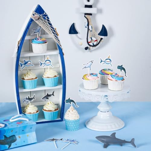 WERNNSAI 36 PCS Shark Cupcake Toppers - Shark Cake Toppers Ocean Birthday Party Decorations Summer Cake Toppers Under The Sea Cake Decors for Kids Ocean Baby Shower Party Supplies