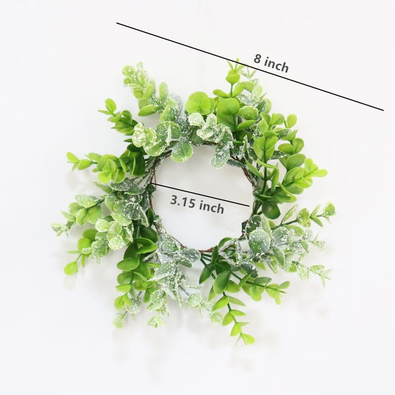 Candle Rings 3" Center Eucalyptus Candle Ring Artificial Mini Wreath Pillar Candle Holder Twig Spring Candle Wreaths for LED Candles Birthday Wedding Dinning Party or Easter Fireplace Decor (2, Green)