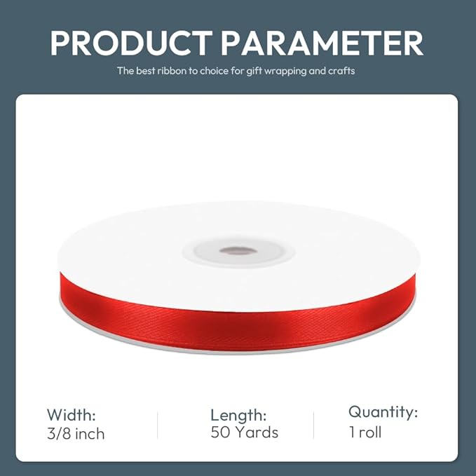 KMER LIFE 3/8" Wide x 50 Yards Red Single Faced Polyester Satin Ribbon - Perfect for Wedding Decor, Wreaths, Crafts, Gift Wrapping & Other Projects