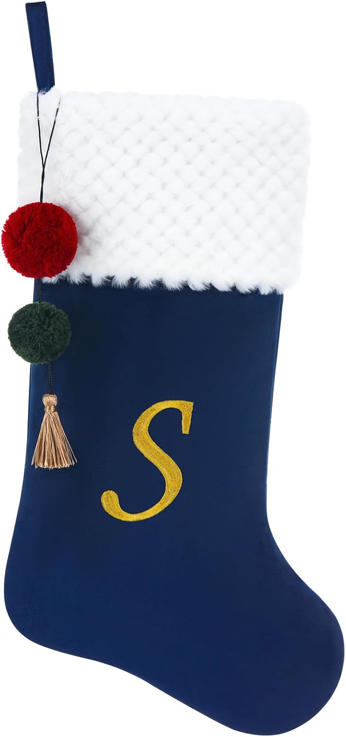 19.5" Personalized Velvet Christmas Stocking with Embroidered Initials- Fireplace Stockings, Family Holiday Xmas Party Decor (Blue S)