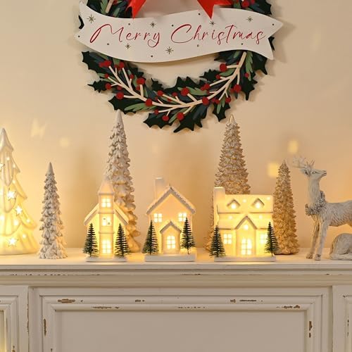 ceramic white christmas village houses, light up porcelain, close-up detail