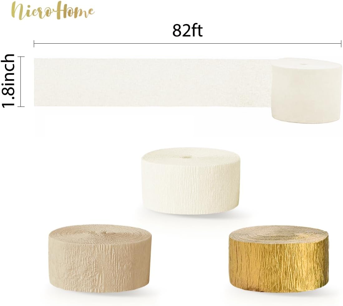 NICROHOME EUR Wedding Decorations, 6 Rolls Ivory White Gold Light Brown Crepe Paper Streamers for Bridal Shower, Birthday Party, Golden Engagement Party, New Year Decorations 82 Ft Long