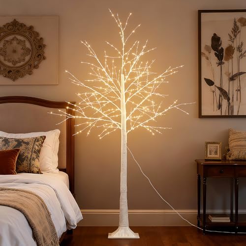 6ft white firefly tree with lights - lighted, front angle view