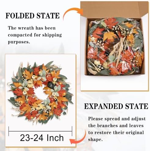 realistic fall wreath with lights/timer 24 inch fall, close-up detail