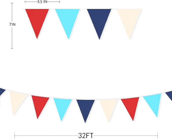 32Ft Red Blue White Nautical Pennant Banner Fabric Triangle Flag Bunting Garland Streamer for Nautical Theme Birthday Ahoy Achor Pirate Baby Shower Wedding Party Home Outdoor Garden Hanging Decoration