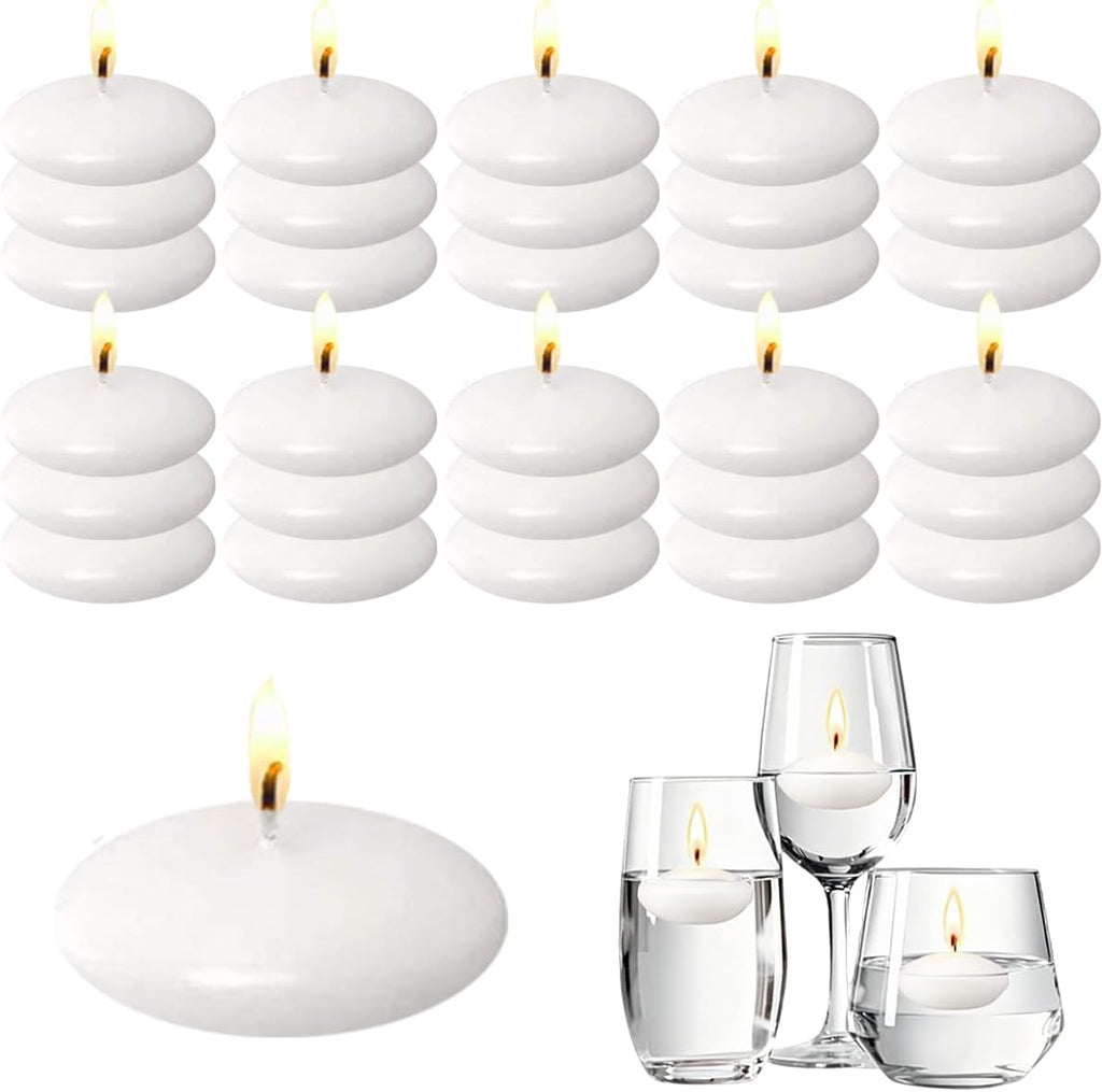 White Floating Candles 30Pcs, 1.45 Inch Diameter, 1.5 Hours Burn Time, Unscented Small Floating Candles for Wedding Party Bath Spa Valentine Christmas Home Romantic Decor