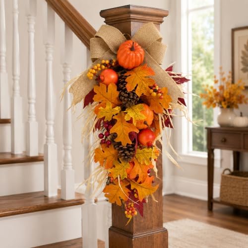 21 inch lighted fall teardrop swag with pumpkins showing dimensions