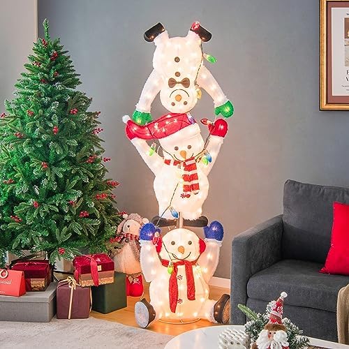 tangkula 5.6 ft lighted christmas stacked snowman, 3d shown in use