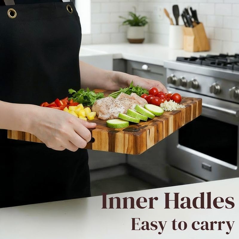 teak wood end grain cutting board 16 x showing dimensions