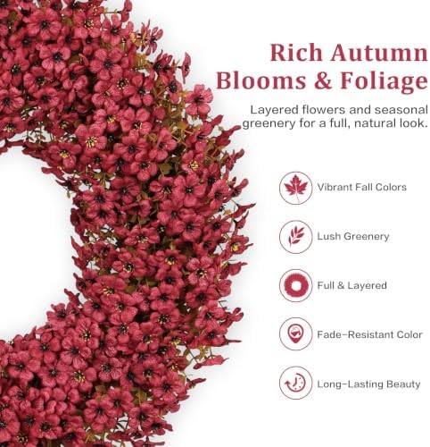24" burgundy fall wreath for front door, artificial, side view