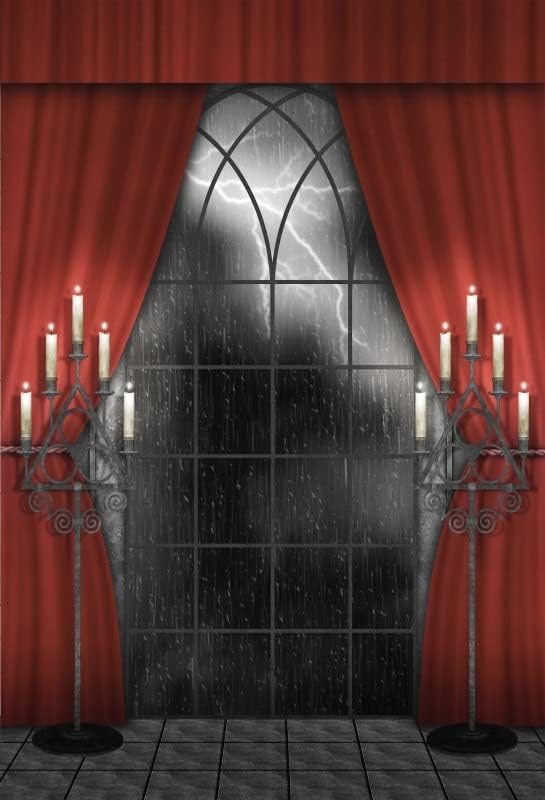 Renaiss 8x12ft Vintage Gothic Window Backdrop Red Curtain Candlestick Black F...