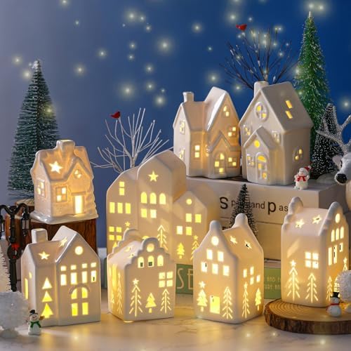 cindeer 26 pcs white elegant ceramic christmas village, side view