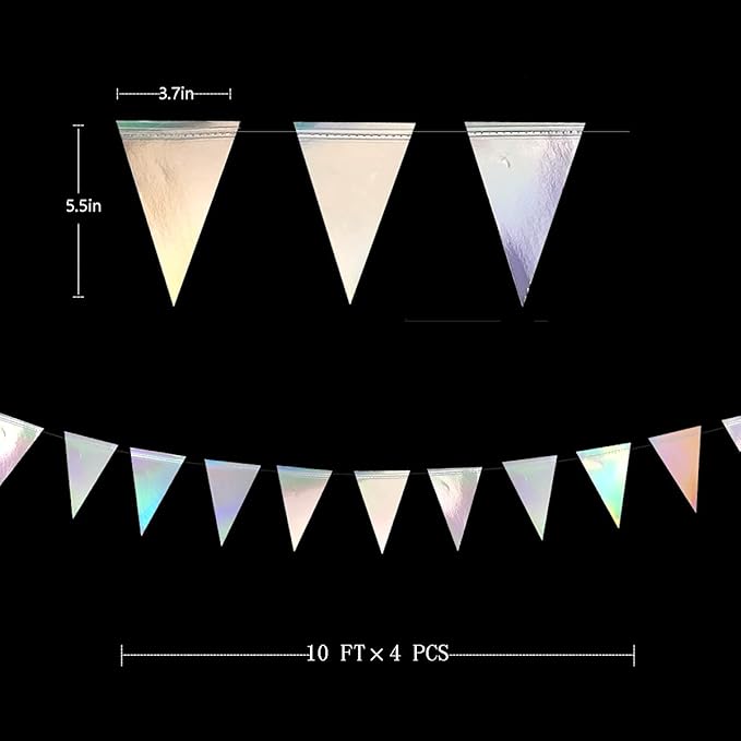 40Ft Iridescent Party Decorations Holographic Hanging Triangle Pennant Banner Flag Bunting Garland for Graduation Birthday Anniversary Engagement Wedding Bridal Baby Shower Disco Hen Party Supplies