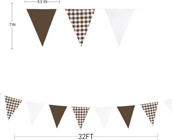 32Ft Coffee Brown Party Decorations Brown Buffalo Plaid Checkered White Triangle Flag Gingham Pennant Bunting Fabric Garland for Woodland Teddy Bear Baby Shower Birthday Home Outdoor Garden Decor