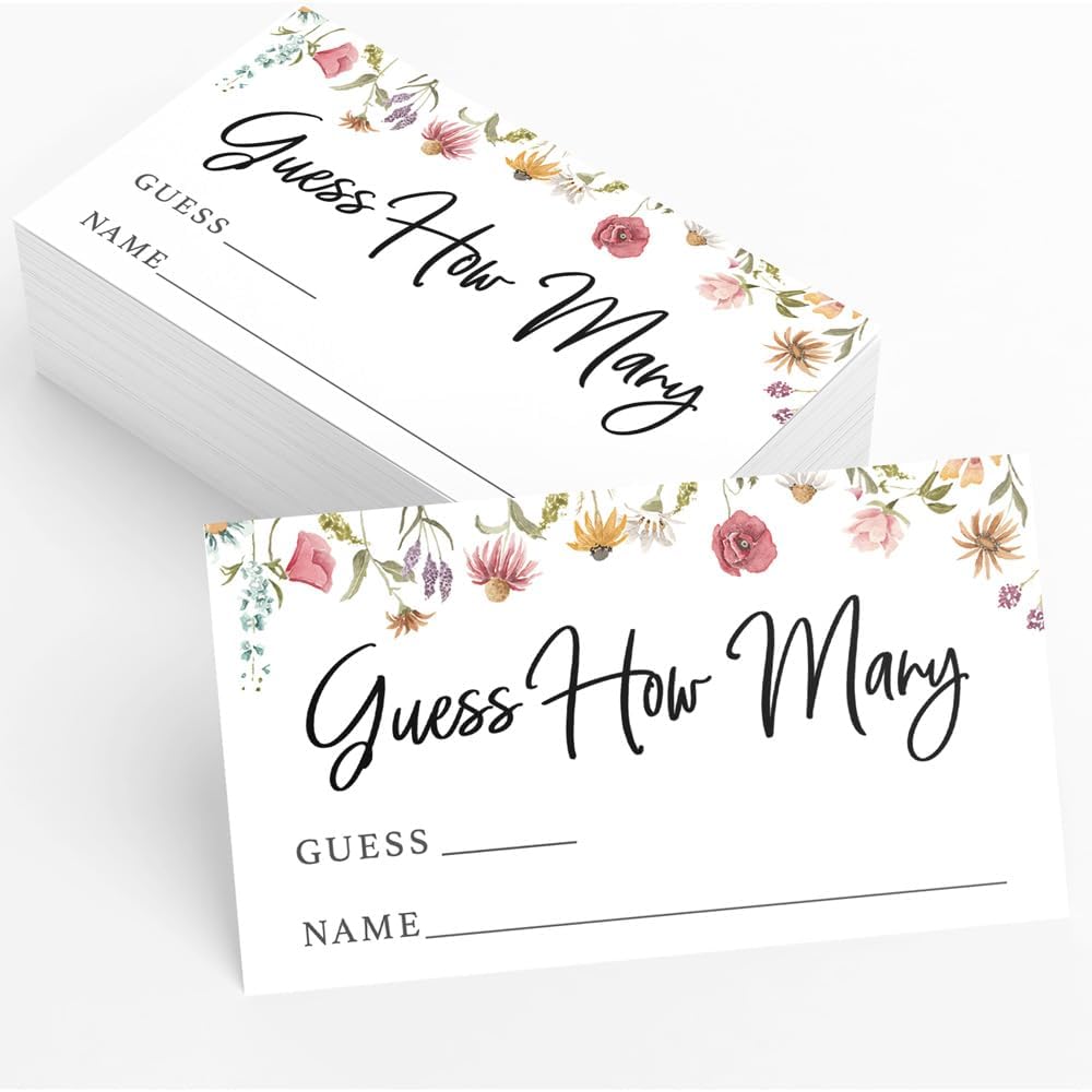 Guess How Many Shower Game, 50 Cards + Sign, Wildflower in Bloom | Baby Shower Games for Girl, Bridal Shower Activity, Candy Jar Kisses, Floral Garden Party Decor, Made in USA by Printed Party