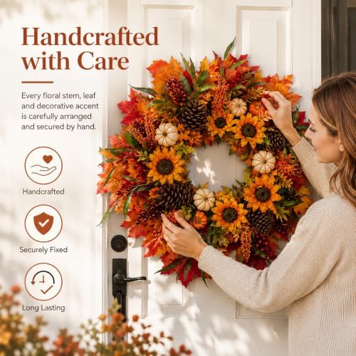 28 inch large fall sunflower wreath for front, close-up detail
