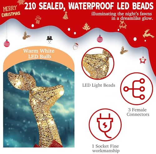 58 inch 3d gold large lighted christmas deer, close-up detail