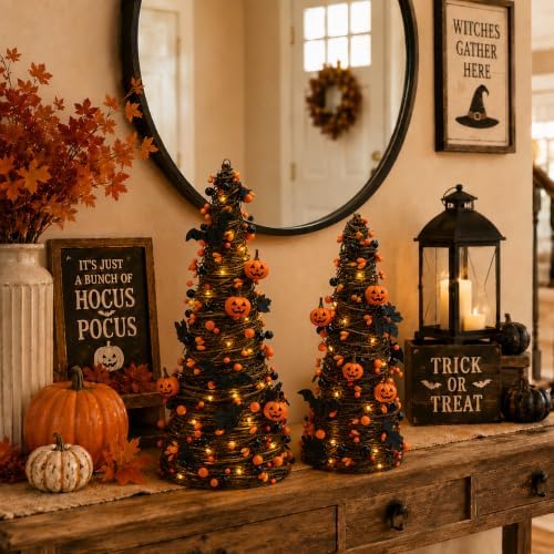 lighted halloween tabletop trees with timer, pumpkin bat, side view