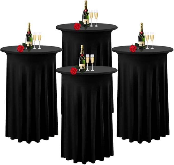 Albassa 4 Pack Cocktail Table Covers 32"x 43" Spandex Stretch Round Cocktail Tablecloths with Wavy Drapes Fitted High Top Bar Table Skirt for Wedding Party Banquet (Black, 4 PCS)