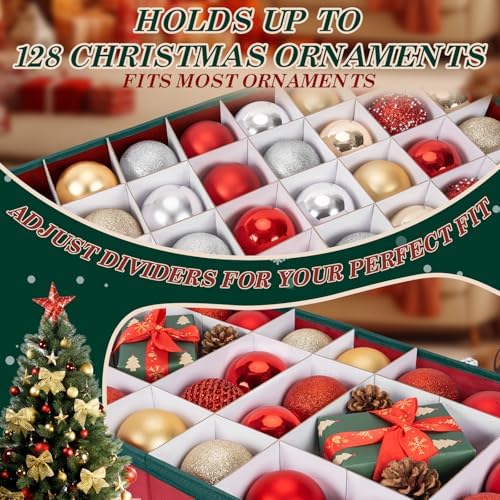 Christmas Ornament Storage Box with Adjustable Dividers Zippered Top Stores up to 128 Holiday Ornaments (3 Inch) Xmas Ball Decorations Organizer Storage Container Bin