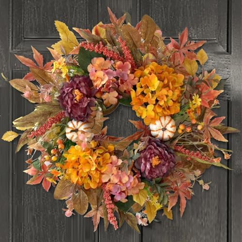 wanna-cul 24 inch fall harvest front door wreath shown in use